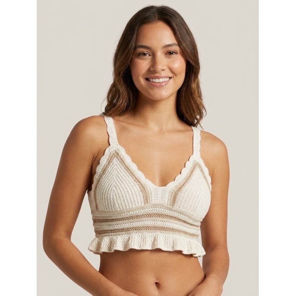 Madden NYC Crochet Knit Cropped Tank Top Cream Tan Striped Ruffle Size L